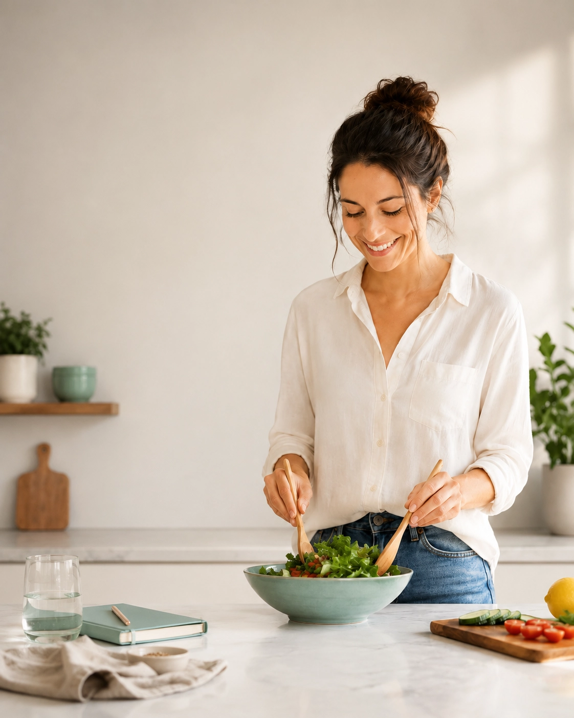 Mujer sonriendo mientras prepara una ensalada fresca en la cocina de su casa, en un momento cotidiano y luminoso.